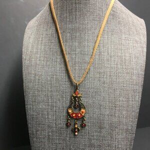 Bronze Medallion Suede Necklace 16 In Brown Suede Red Orange Exotic BoHo Hippie